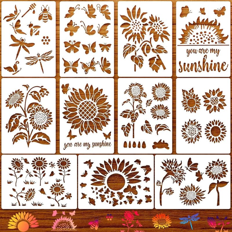 Devasya Crafts 11 Pieces Sunflower Stencils 8 x 11 Inch Reusable Sunflower Stencils Butterfly Dragonfly Painting Templates for Painting Wood Wall Furniture Crafts Supplies