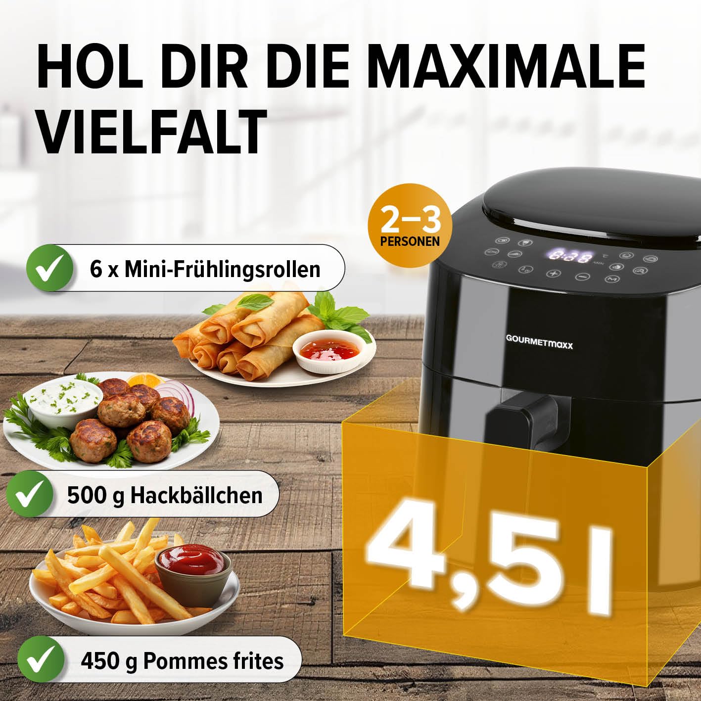 GOURMETmaxx Heißluftfritteuse | 4,5L Airfryer | Timer & Touchscreen | Fritteuse mit 9 Funktionen & 8 Programmen | energiesparend frittieren, nahezu ohne Öl | Minibackofen - 1400 W
