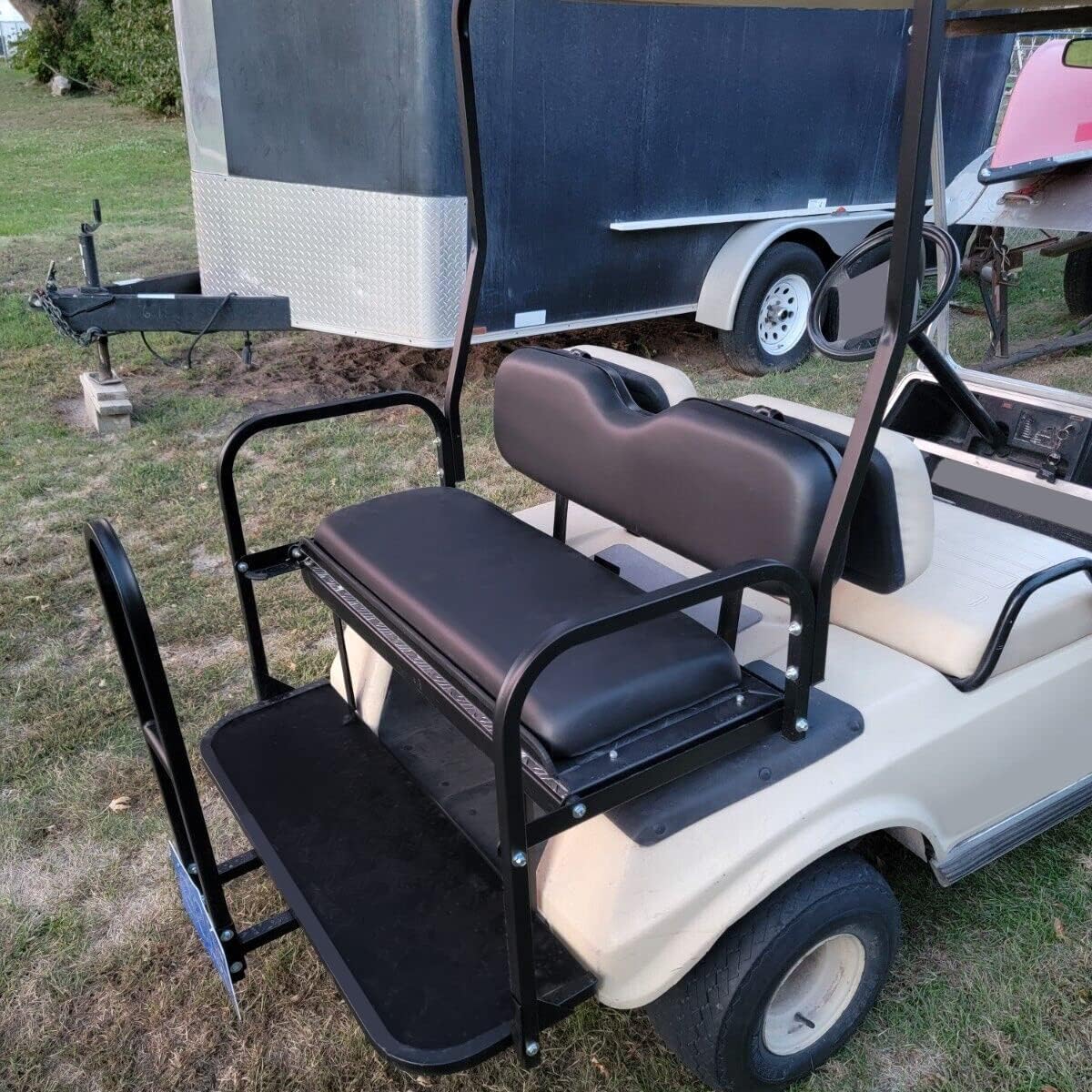 ECOTRIC Flip Folding Rear Back Flip Seat Kit & Front Brush Guard Tubular Bumper Compatible with 1982-2000.5 Club Car DS Golf Cart (Seat W/Free Grab Bar & Roof Support) - 2 Packages