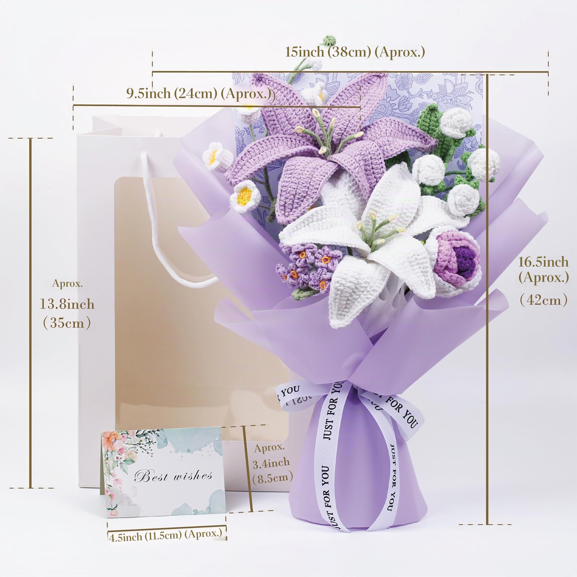 Ramo de flores de ganchillo, ramo de flores de ganchillo hecho a mano con rosas y lirios, flor artificial de ganchillo para el día de la madre, cumpleaños, boda, decoración del hogar, bolsa de regalo