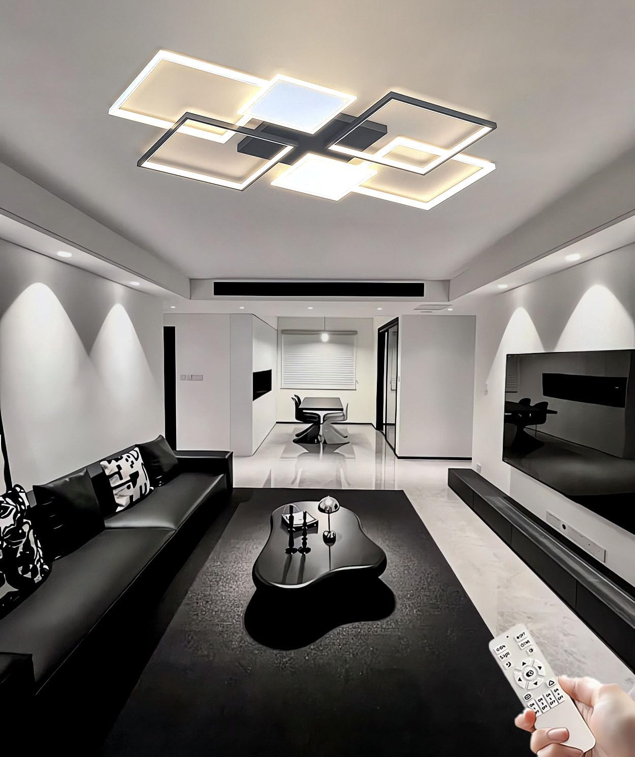 JINGKER LED Ceiling Light Modern Living Room Square Ceiling Light, Dimmable Bedroom Ceiling Light with Remote Control Recessed Ceiling Light for Living Room Bedroom Office (Black, L90CM)