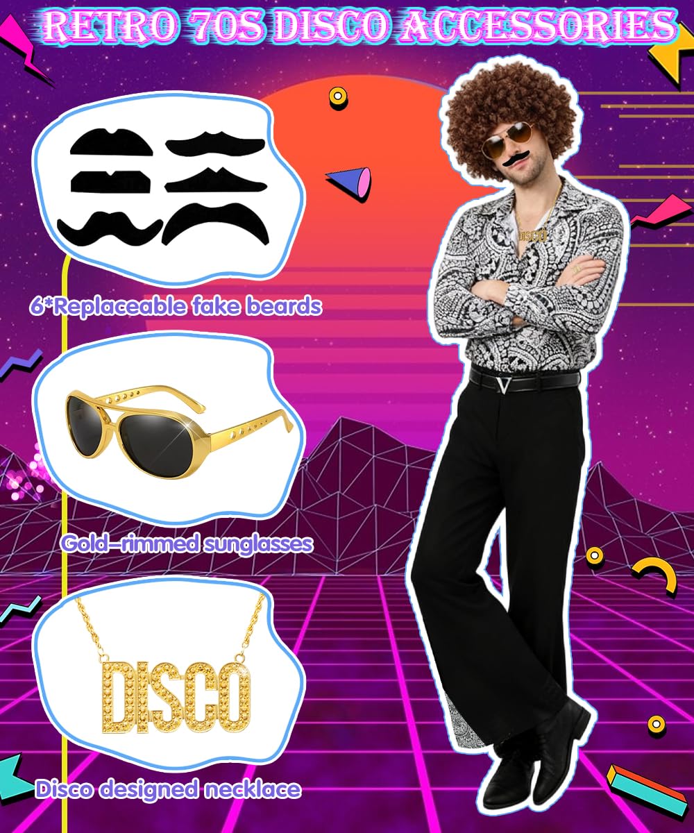 Disfraz Disco Hombre, Disfraz Disco Años 70 con Accesorios Discoteca, Gafas, Collar, Años 70 60 Disfraces para Disfraces Hombre Carnaval Discoteca Fiesta Festival, Cosplay, Halloween
