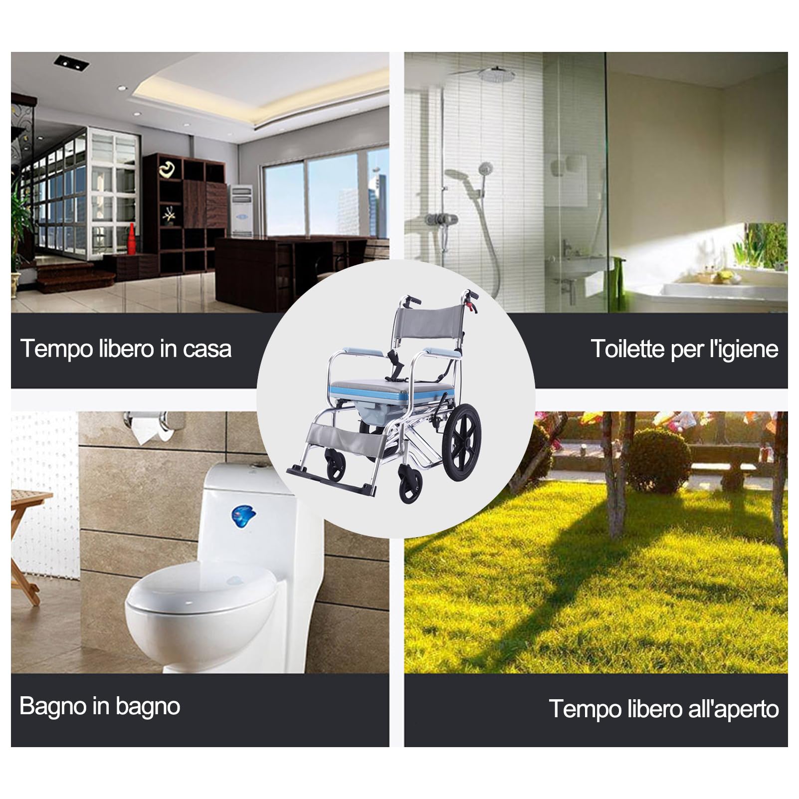 Sedia Comoda WC Imbottita Con Doppio Freno, Sedia Doccia Disabili Con Ruote, Sedia a Rotelle Doccia, Sedia Comoda WC per Anziani Con Ruote, Carrozzina Wc Disabili