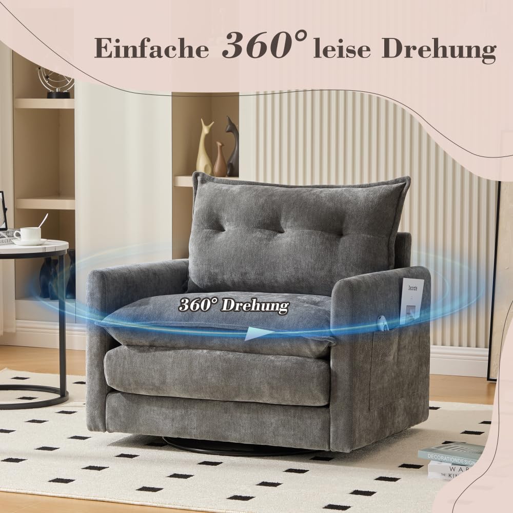 Sillón Giratorio 360° con Brazos y Cojines, Moderno, Cómodo para Sala, Dormitorio, Oficina o Estudio, Relax y Entretenimiento (Gris)