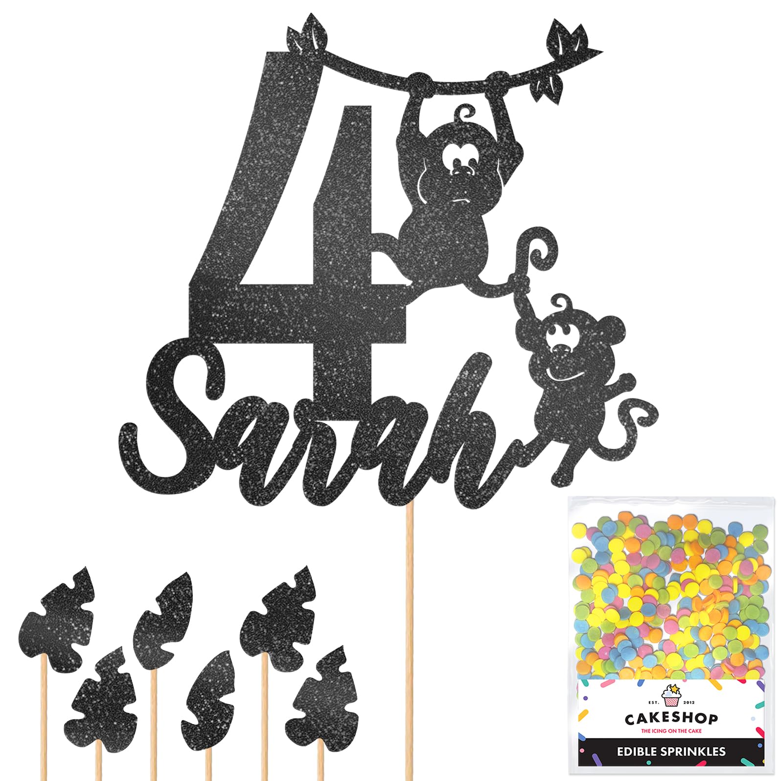 Personalised Birthday Jungle Monkey Glitter Cake Topper- Black Any Custom Age & Name Glitter Cake Decoration and Sprinkles - Happy Birthday Decorations - Personalised Toppers for Cakes by Cakeshop — image 1