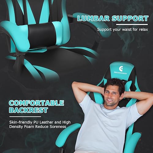 Miniatura 7 de Silla de juegos con reposabrazos y reposapiés Linkage, silla de videojuegos de respaldo alto, negroazul claro