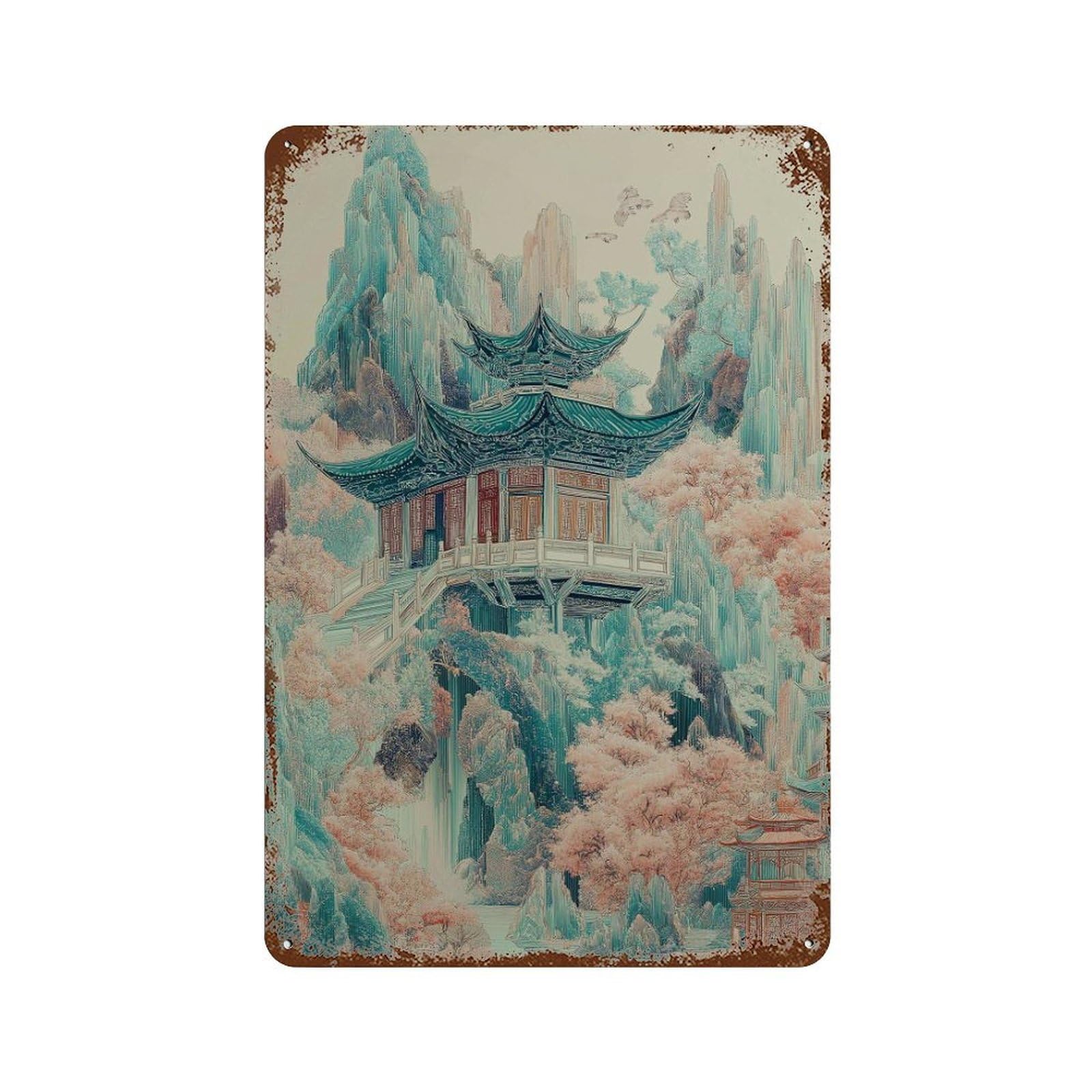 xiaoxiaoshen Oriental Pagoda Tranquil Mountain Temple Japanese Landscape in Teal And Blush To Wall Decor Art Metal Tin Poster Modern Home Decor Art Home Bar Shop Decorations Vintage Sign 30x20cm