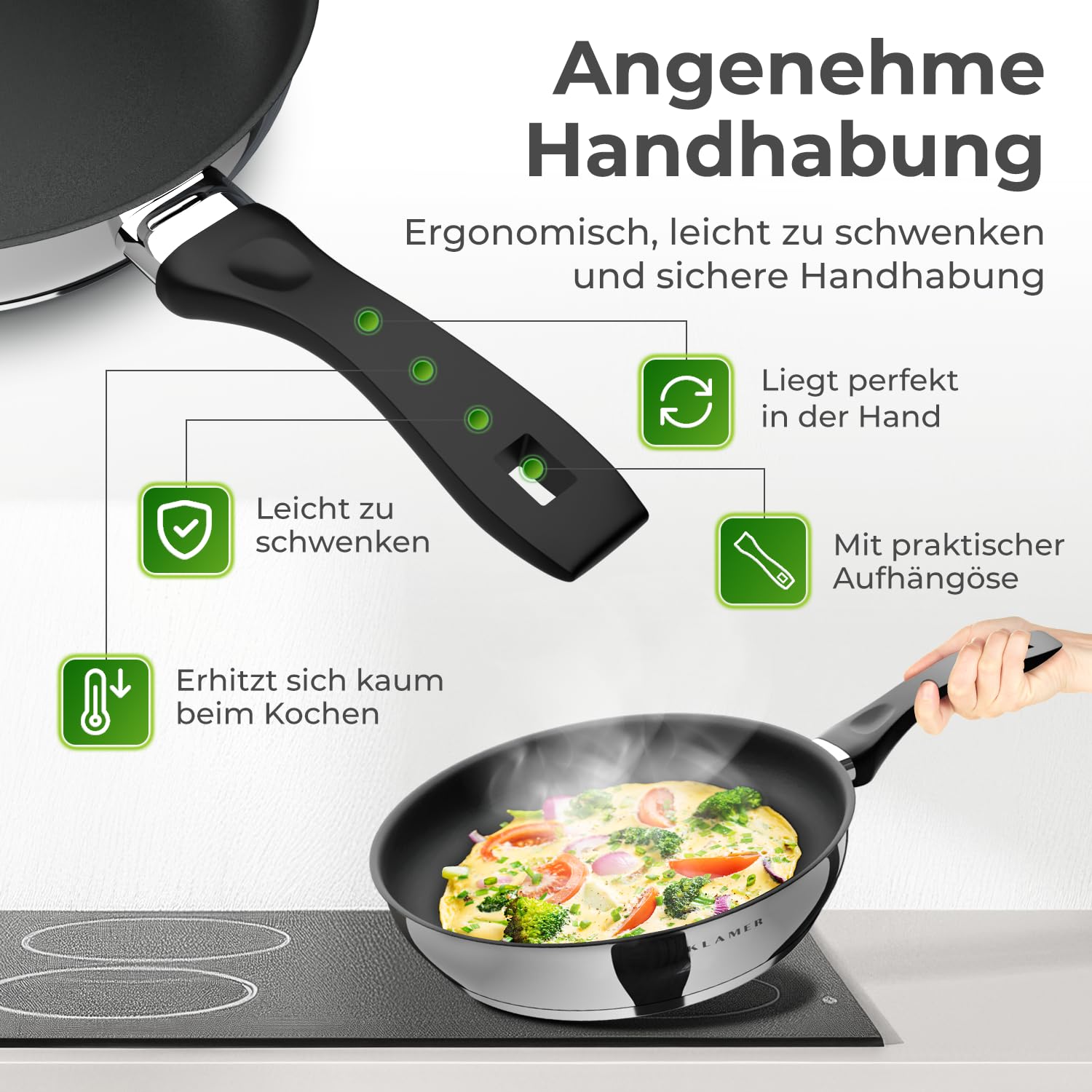 KLAMER padella 28 cm, padella per induzione con rivestimento antiaderente, con bordo alto, rivestimento premium, padella universale professionale di alta qualità