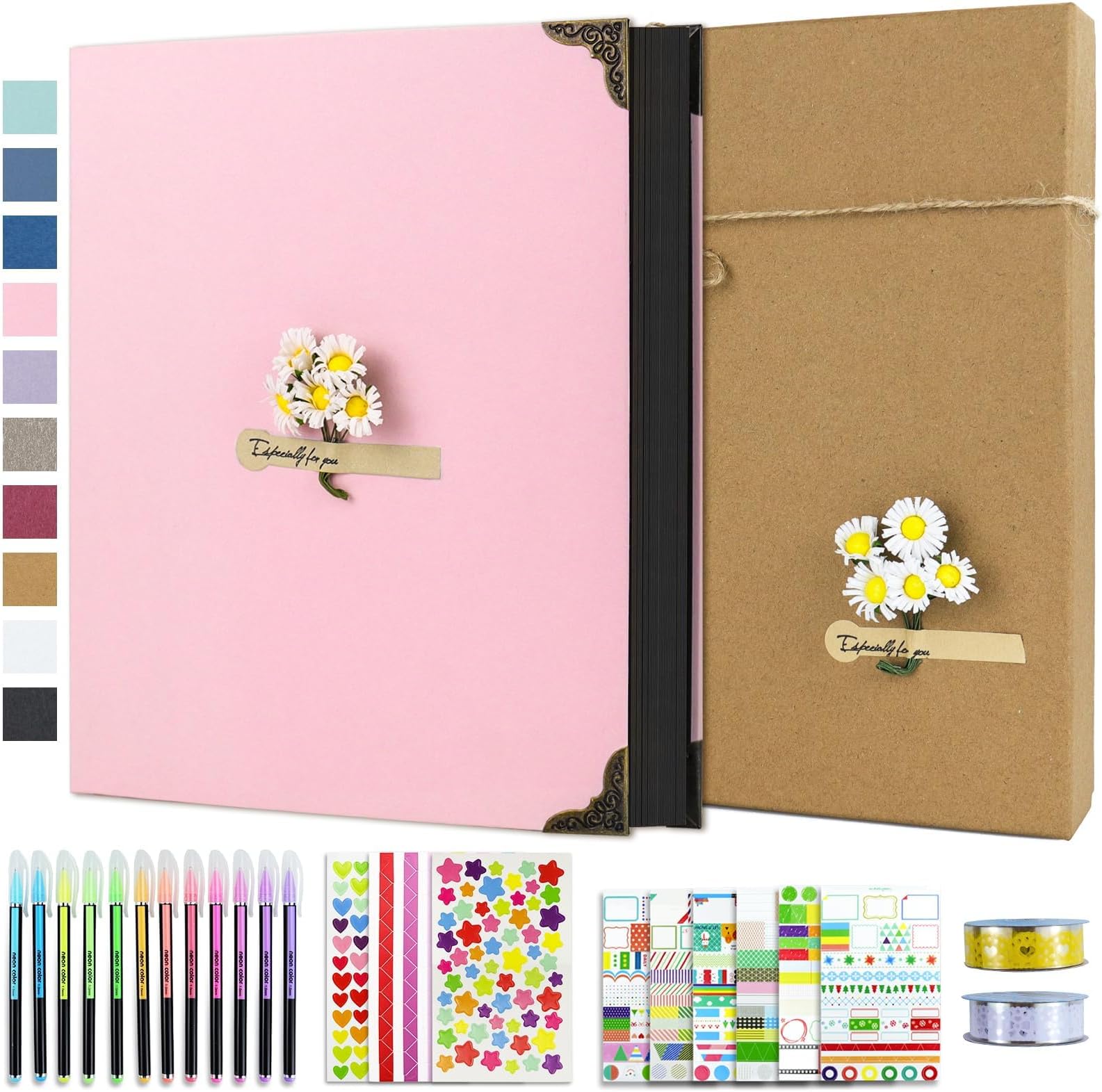 Vienrose DIY Scrapbook Photo Album Kit with Pens Tapes and Stickers 60 Pages Hardcover 8.5x11 Inches 3 Rings Removable Black Paper Scrapbooking Gift for Lover Friends Kids Wedding Valentine's Pink
