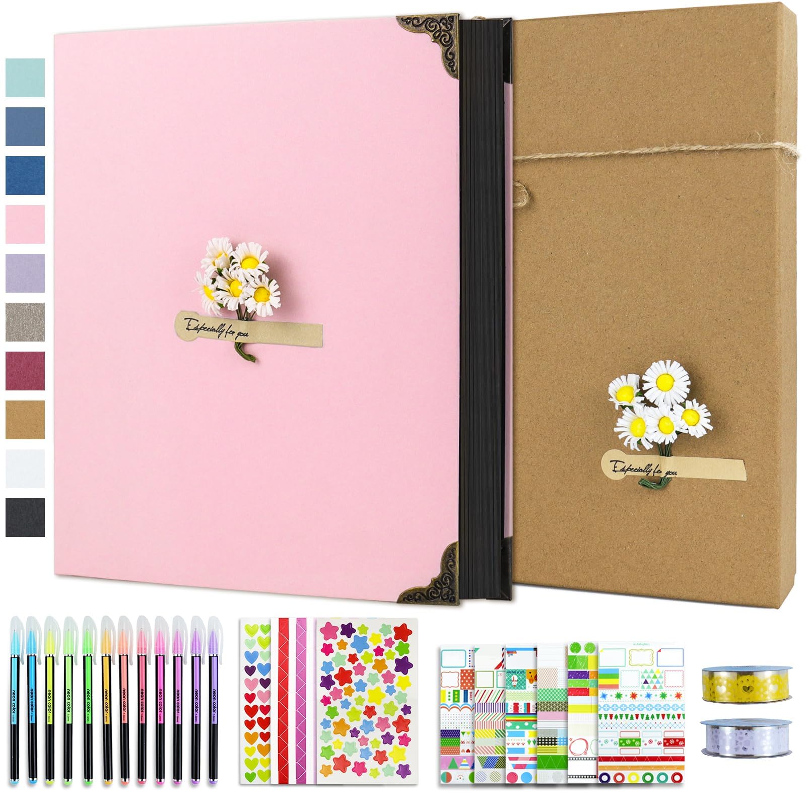 Vienrose DIY Scrapbook Photo Album Kit with Pens Tapes and Stickers 60 Pages Hardcover 8.5x11 Inches 3 Rings Removable Black Paper Scrapbooking Gift for Lover Friends Kids Wedding Valentine's Pink