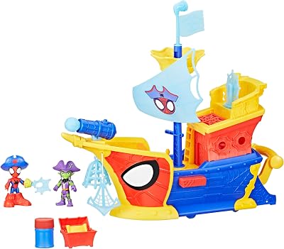 Spidey and his Amazing Friends Marvel Water-Webs Webs Ahoy Bubble Pirate Ship Playset 43 cm with Real Bubble Maker, Spidey & Green Goblin Figures, Accessories – Toy for Kids Ages 3+