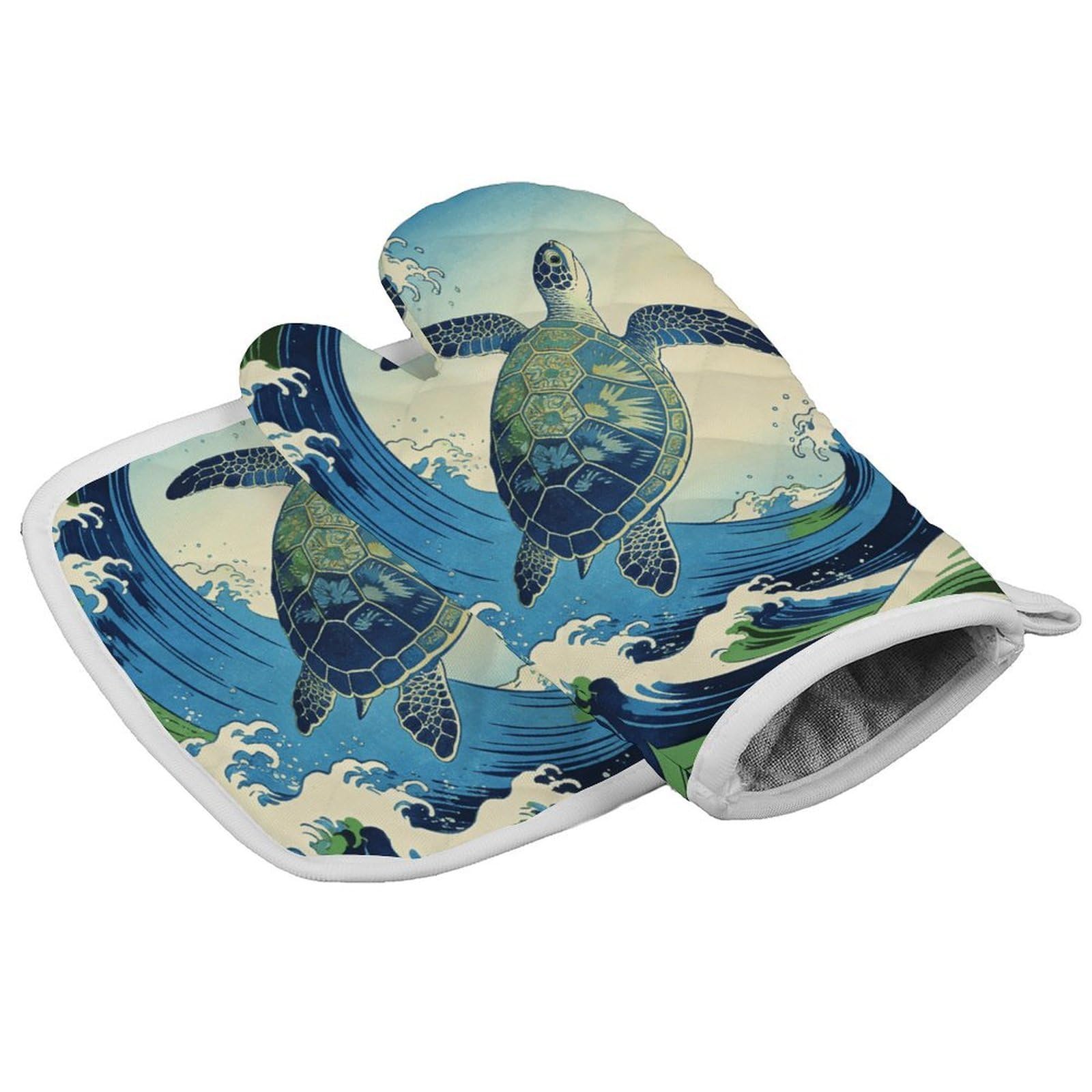 Fodpand Style Japanese Waves And Turtles Oven Mitt Set With Lanyard, Cooking Mitt, Protective Thermal Insulation,Kitchen Mitt For Baking, Cooking, Grilling, Microwave