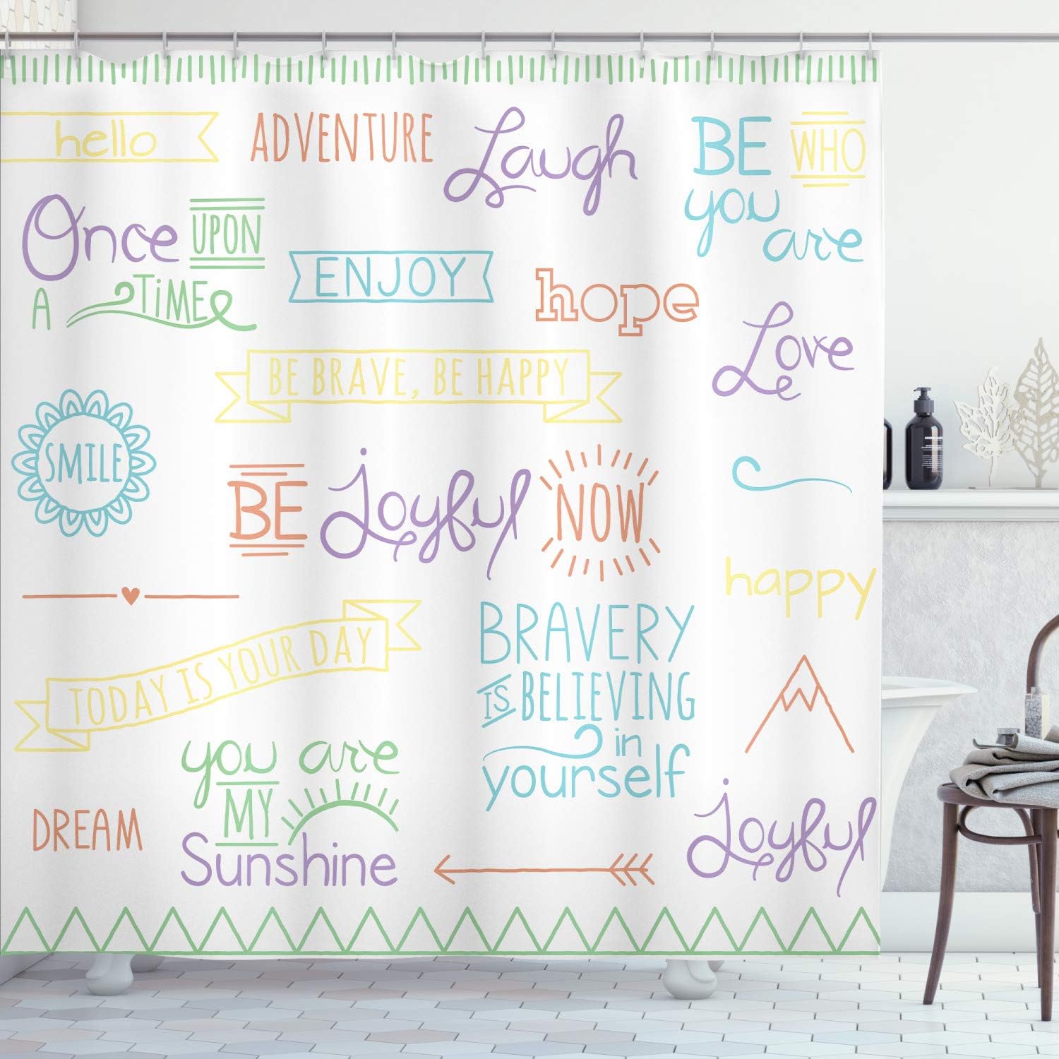 Ambesonne Adventure Shower Curtain, Various Words on Happiness and Self Value Uplifting Phrases Being Who You are, Cloth Fabric Bathroom Decor Set with Hooks, 69" W x 84" L, Lavender Green