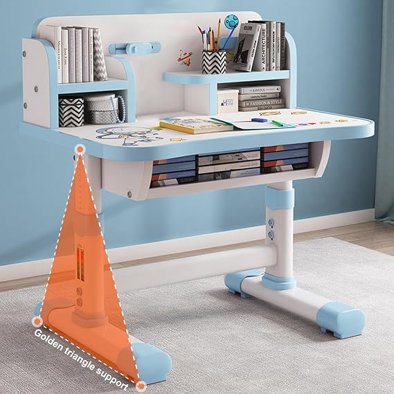 Kids Study Desk Chair Set, Height Adjustable Children School Study Table Set with Cartoon Pattern, Ergonomic Desk Chair with Large Writing Board, Bookshelf, Partition Design Blue