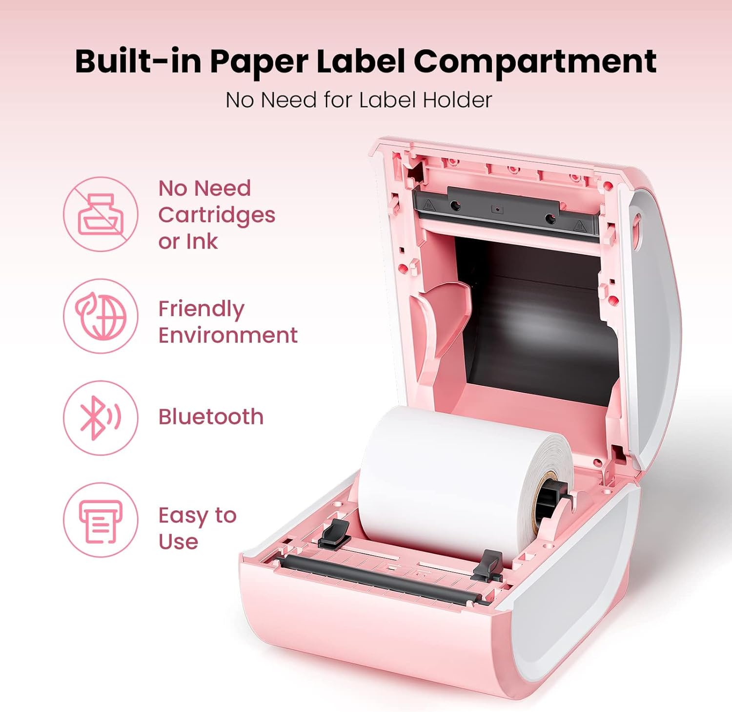 Bluetooth Shipping Label Printer with 1 Roll Labels - D520BT Pink Thermal Label Printer, Thermal Printers with Built-in Label Holder, Come with 500PCS 4x6‬ White Labels (500 Labels/Roll)