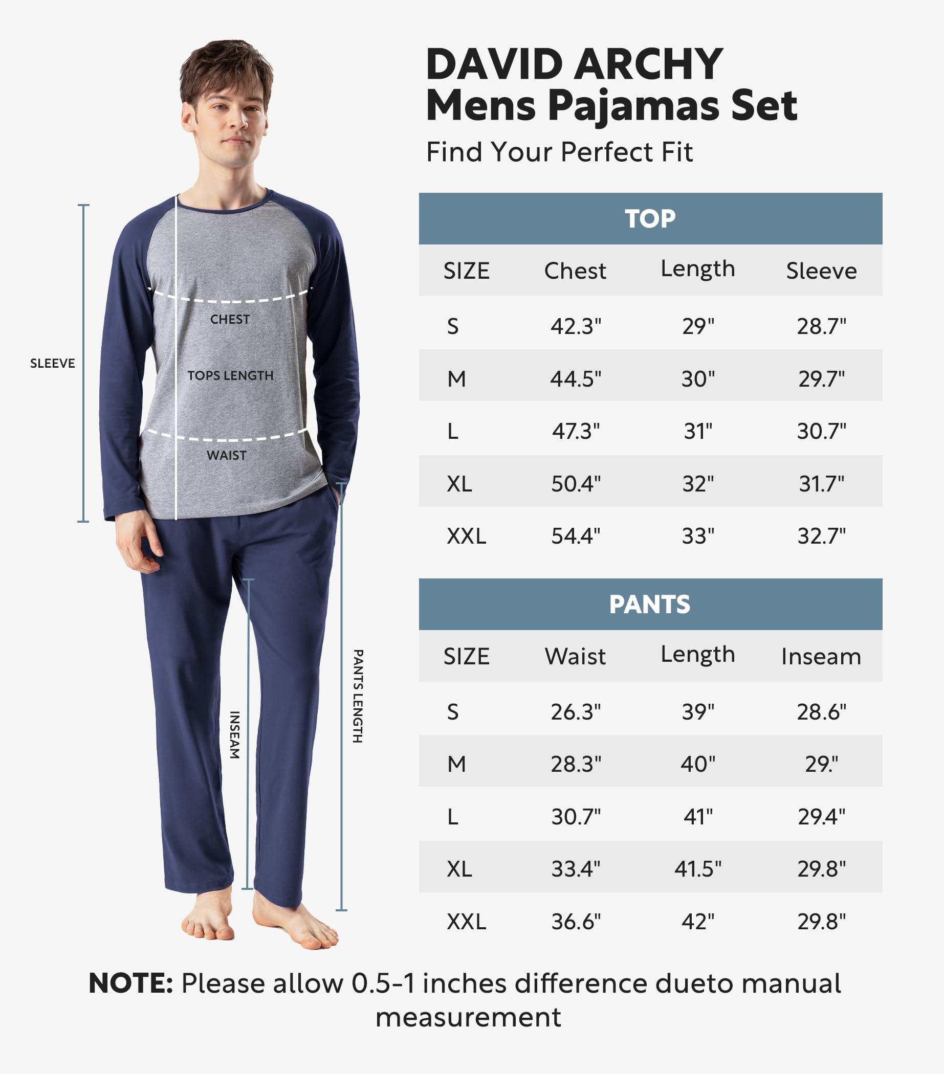 DAVID ARCHY Pyjama Herren, Schlafanzug Herren Lang Baumwolle mit Taschen,Weich und atmungsaktiv mit Rundhalsausschnitt