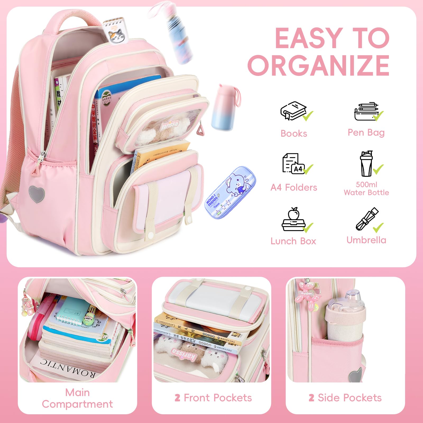 Tanou Cartable Primaire pour Filles, Sac à Dos Ergonomique pour Enfants du CP au CM2, Sac d'école Fille Primaire Décontracté avec Pendentif, 20 Litres, Rose