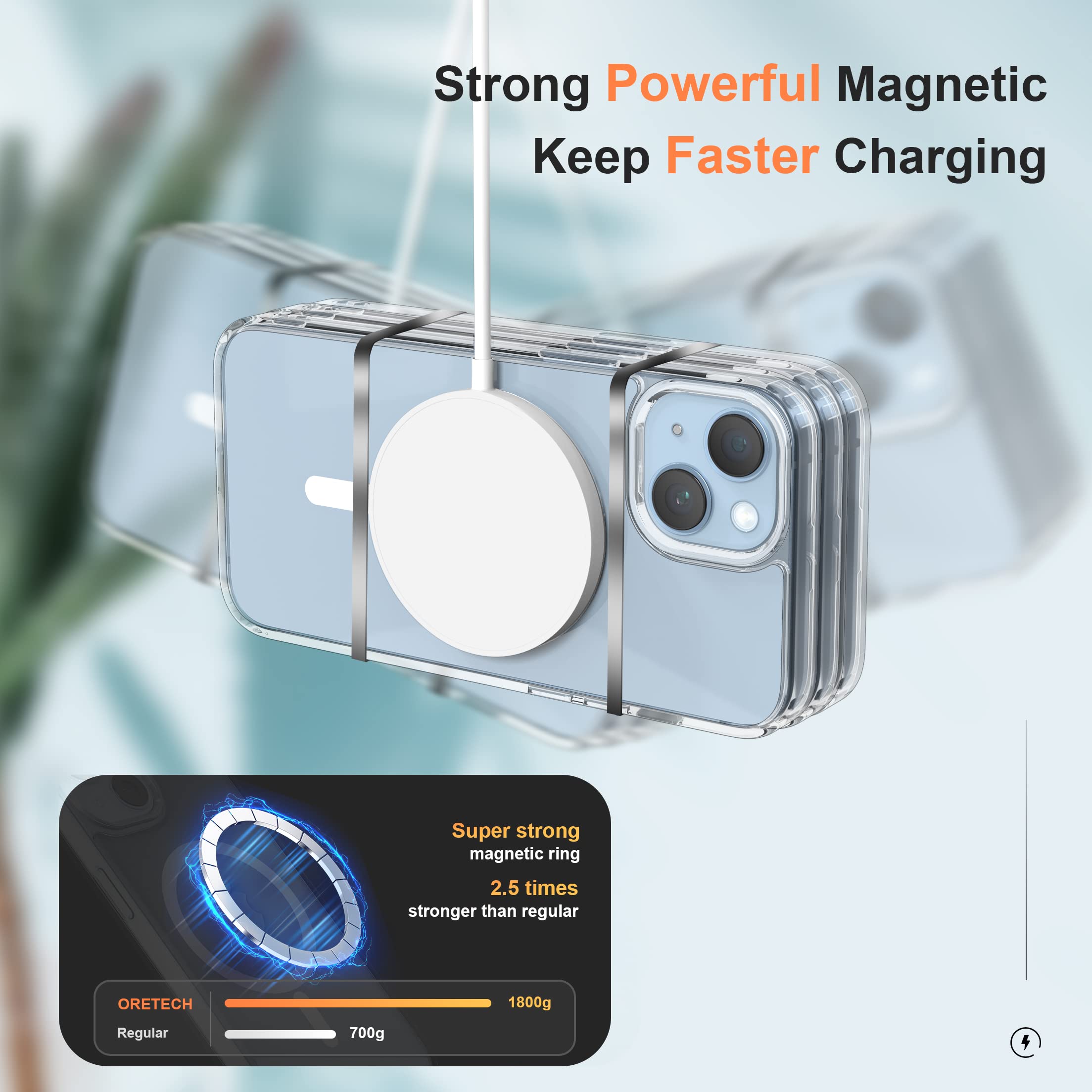 ORETECH Magnetica Cover per iPhone 13 Mini,Custodia iPhone 13 Mini [Compatibile con Magsafe] [2 Vetro Temperato],Custodia Bumper Antiurto Protezione Militare Sottile Clear Case,Trasparente