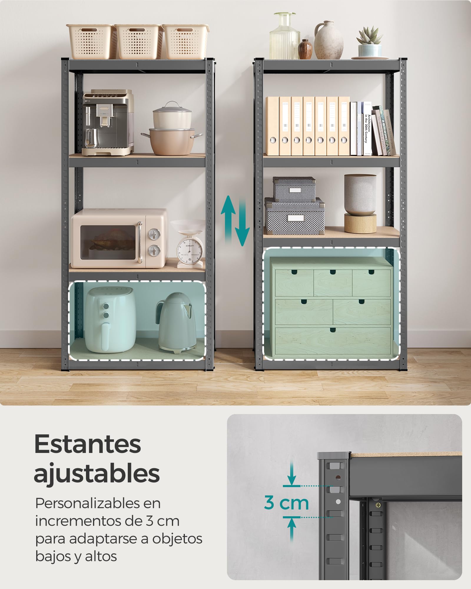 SONGMICS Juego de 2, Estantería Pesada de 4 Niveles, Estantería de Acero, Montaje Rápido, Garaje, Almacén, Trastero, Carga de 520 kg, 40 x 80 x 160 cm, Gris y Natural GLR044G02