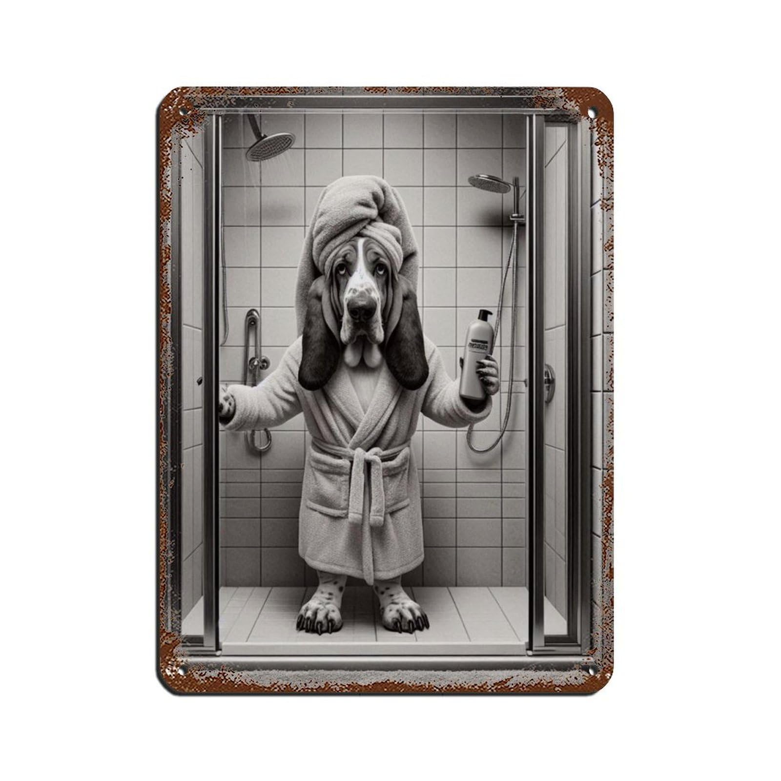 Dog in Bathrobe Taking Shower Tin Sign Vintage Metal Pub Club Cafe Bar Home Wall Art Decoration Poster Retro 12x16inch(30x40cm)