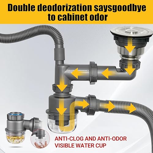 Miniatura 4 de Kit de drenaje de fregadero todo en uno para fregadero de cocina individual, tubo de trampa P multifunción ajustable para drenaje de pareddrenaje de
