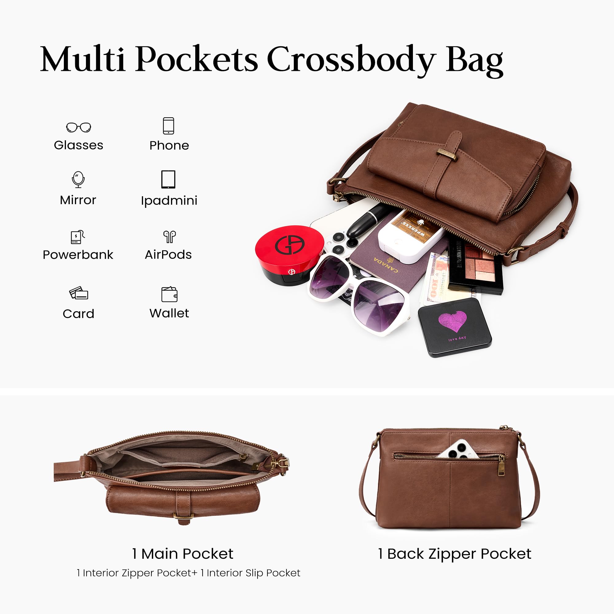 befen Bolsos Bandolera de Cuero Auténtico para Mujer con Monedero RFID Incorporado - Bolsa de Mensajes Mujer Bolso de Cruz