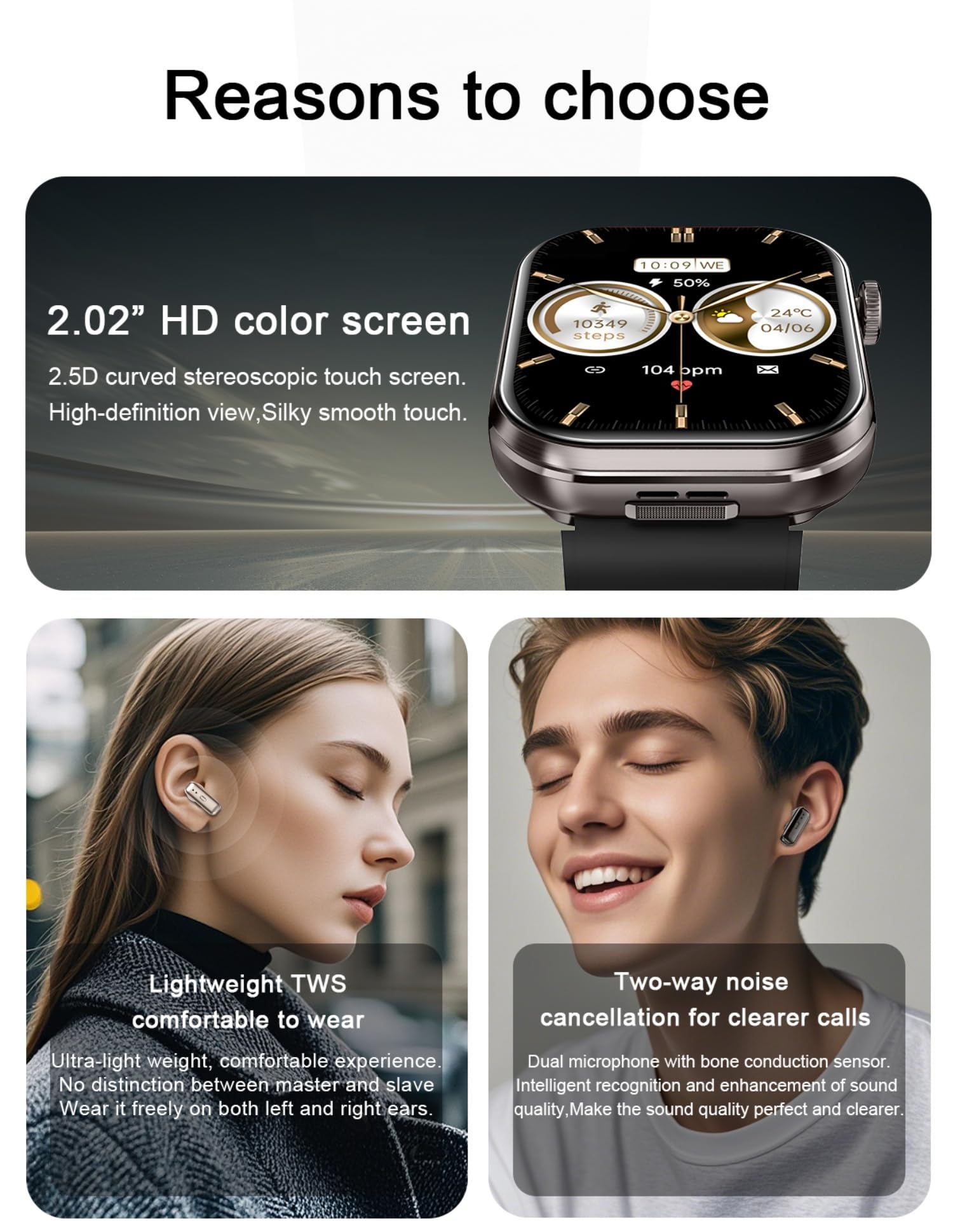 AIEK Inteligentny zegarek, wbudowane słuchawki Bluetooth, pulsometr / uśpienia / ciśnienia krwi, duży wyświetlacz dotykowy 2,02 cala, zegarek fitness do smartfona z systemem iOS, Android, zegarek