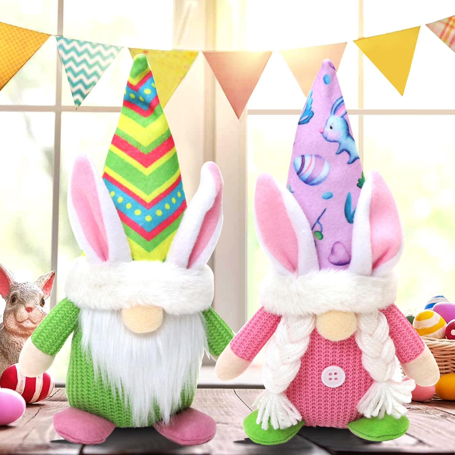 Yoawllty Easter Decorations,2Pcs Handmade Plush Easter Bunny with Rabbit Ears,Easter Decorations Doll for Kids,Room,Desktop,Home Decoration Crafts Toys(Pink, Green)