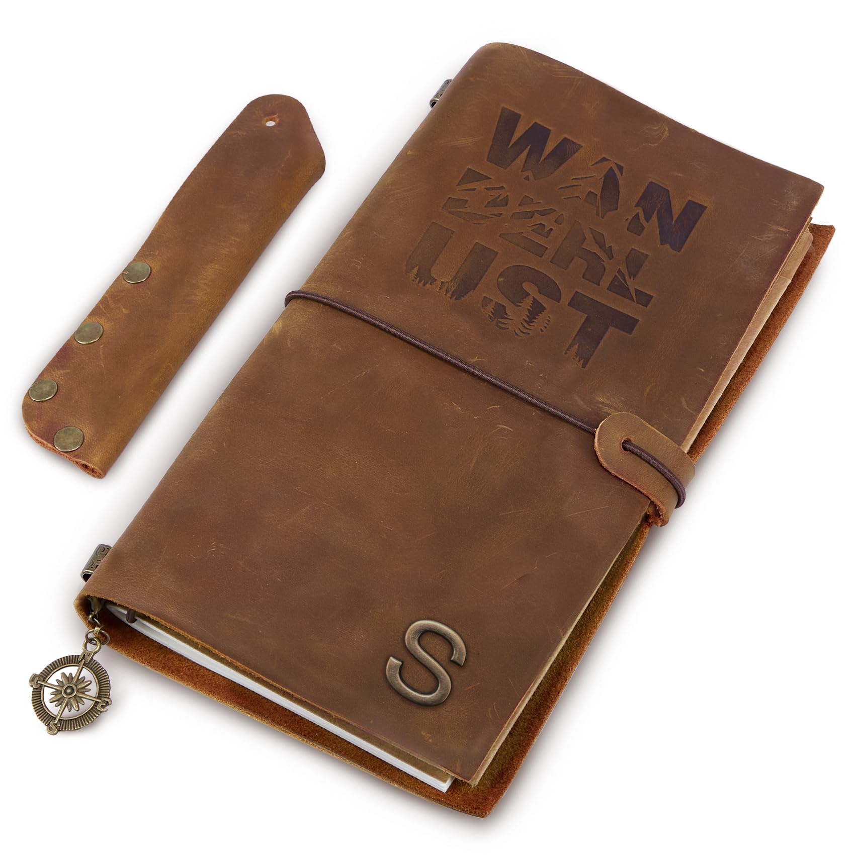 Refillable Genuine Leather Vintage Travelers Notebook with Initials (S) | Diario di viaggio con 3 inserti, 1 portapenne, 1 clip, regalo personalizzato per donne e uomini, compleanno, Natale