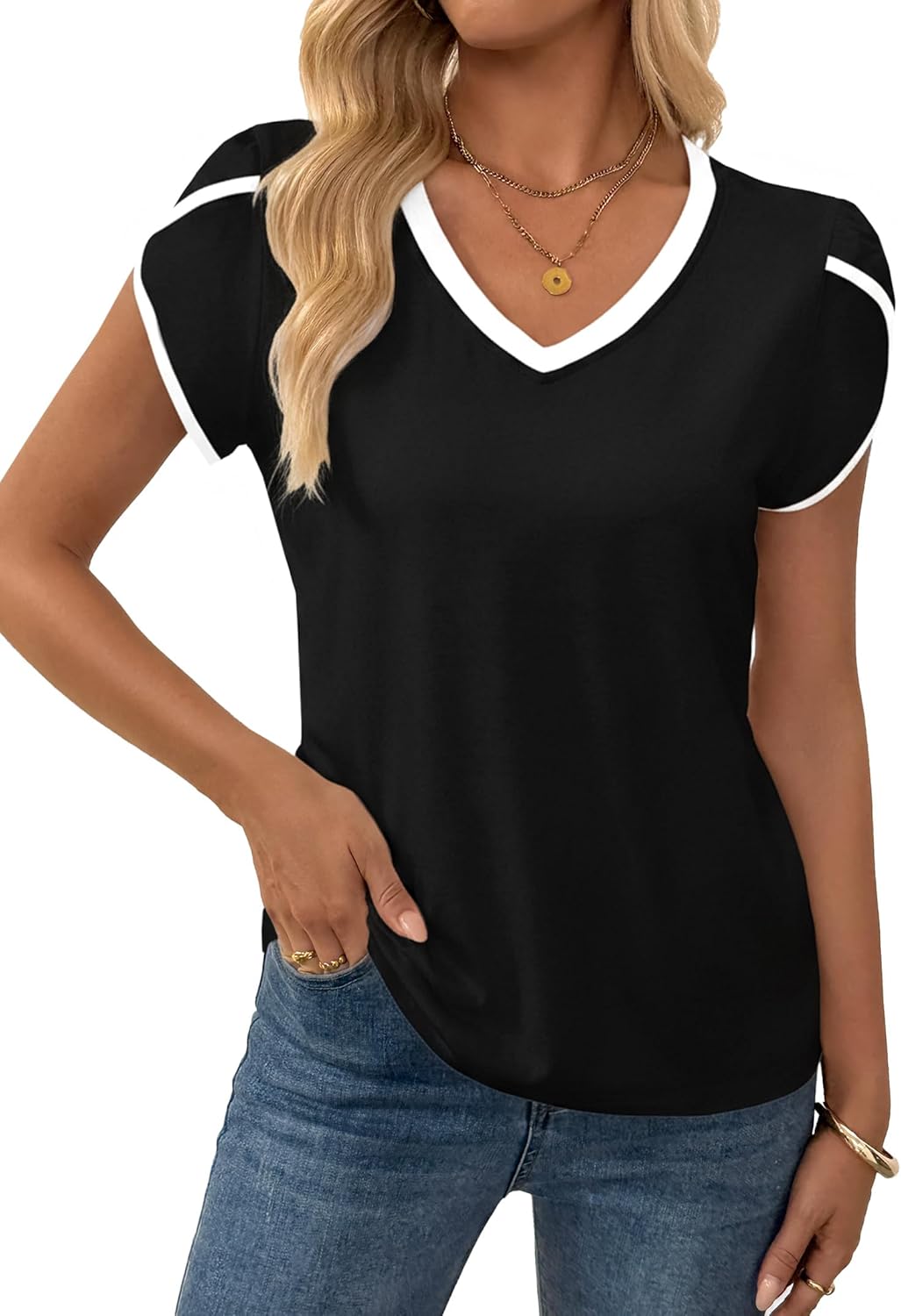 Hilinker Womens V Neck Petal Short Sleeve T Shirts Summer Casual Color Block Tops - Image 2