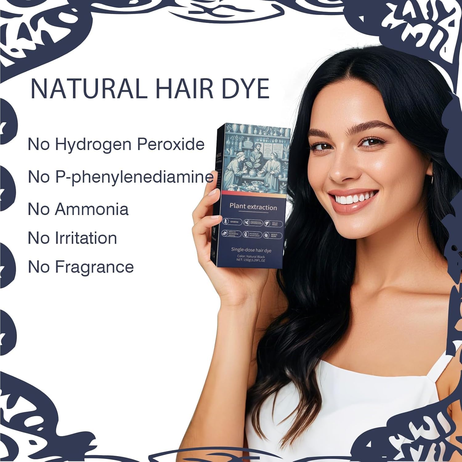 Black Hair Dye, 100% Gray Coverage, Ammonia Free, PPD Free, Hydrogen Peroxide Free, Odorless Natural Herbal Black Hair Color for Women Men Black Hair Dye, 100% Gray Coverage, Ammonia Free, PPD Free, Hydrogen Peroxide Free, Odorless Natural Herbal Black Hair Color for Women Men