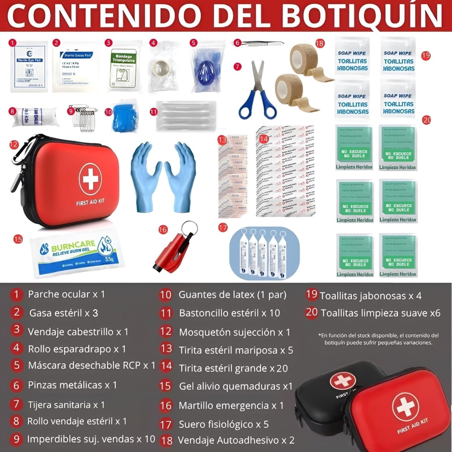 Botiquín de Primeros Auxilios 96 Piezas - Kit de Seguridad para Coche con Martillo Emergencia y Cortador de Cinturón - Estuche Rígido Impermeable