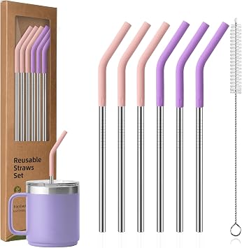 Stainless Steel Straws with Silicone Tips for YETI 10oz, 6 Pack Reusable Drinking Metal Straws for 10oz YETI Tumbler MagSlider Lid, with Cleaning Brush, BPA-Free & Eco-Friendly