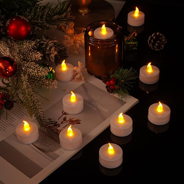 YONGHAOYANG Bougies chauffe-plat LED Lot de 24 (Piles CR2032 Incluses) Flamme Realiste, 100+ Heures, Sans Feu pour Mariage, Fetes, Maison, Jardin, Terrasse - Lumiere Jaune Chaude. - 5