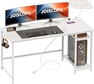 JOISCOPE Scrivania per computer, scrivania bianca da 140 cm con prese USB e porta di ricarica e ripiani di tipo C, scrivania da gioco con gancio per cuffie, tavolo per studio, gioco, lavoro e ufficio