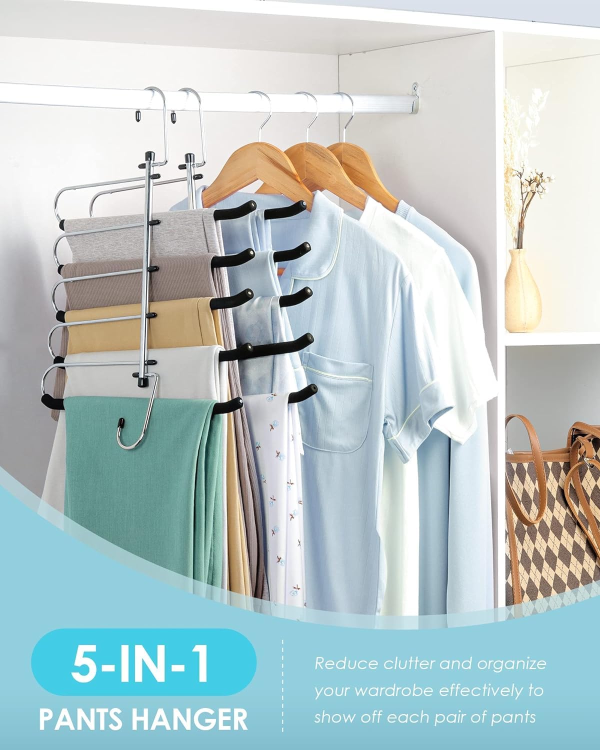 Paquete de 3 perchas para pantalones que ahorran espacio, perchas antideslizantes mejoradas con brazos oscilantes acolchados de espuma, organizador de armario de múltiples capas y almacenamiento para