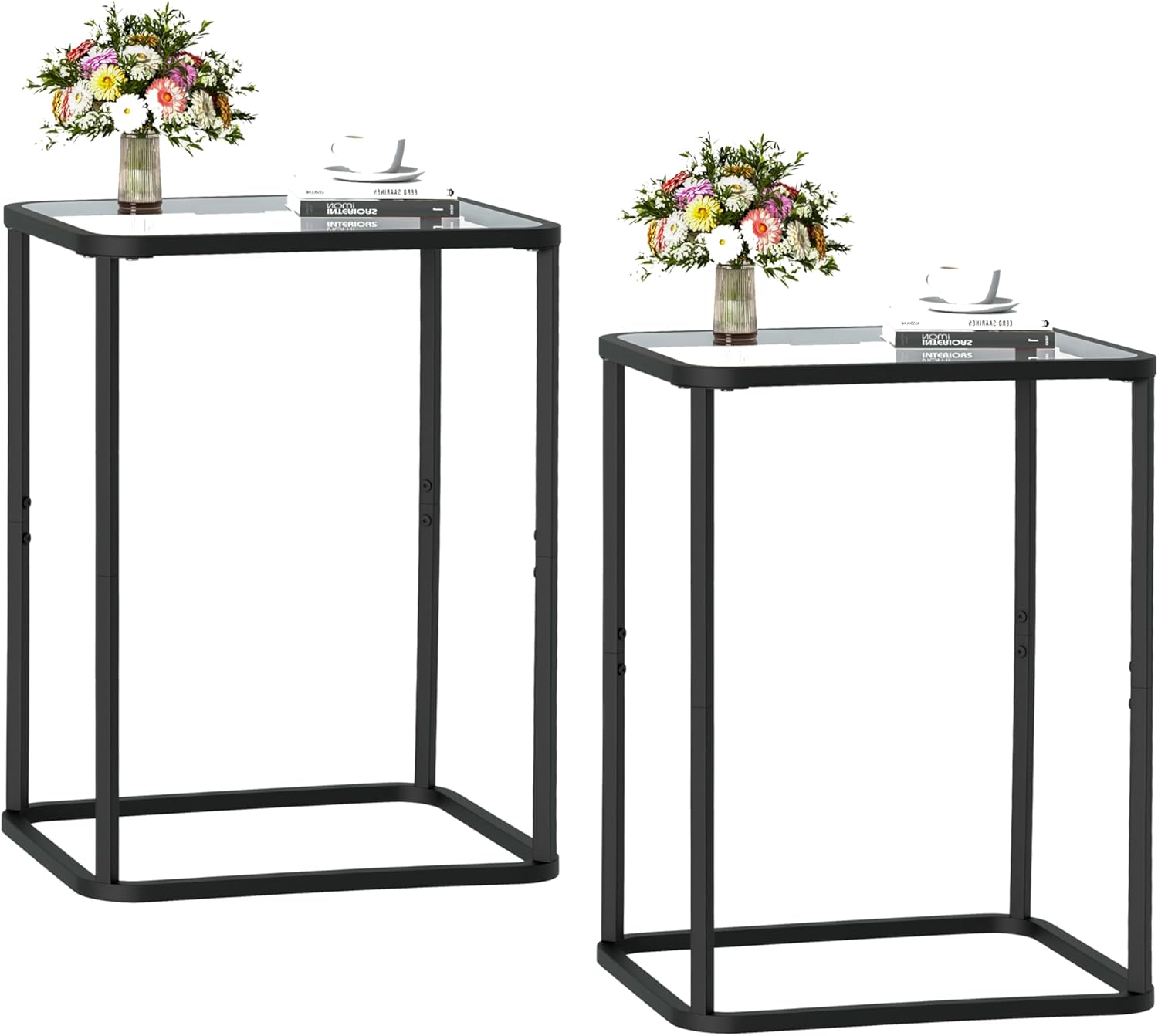 Glass Side Table Two Set, Rectangle 2PCS End Table with Metal Frame, Modern Bedside Table for Office, Bedroom, Living Room, Study,Small Spaces,Easy Assembly,15.75 * 11.81 * 20.87 Inches,Black,2PCS