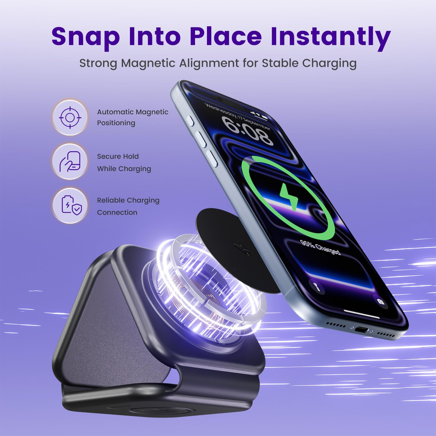 Stazione di ricarica da 15 W per dispositivi Apple multipli: caricabatterie wireless pieghevole 3 in 1, caricabatterie rapido Qi2 per iPhone Air 17, 16, 15, 14, 13, 12 Pro Max, sottile, nero opaco