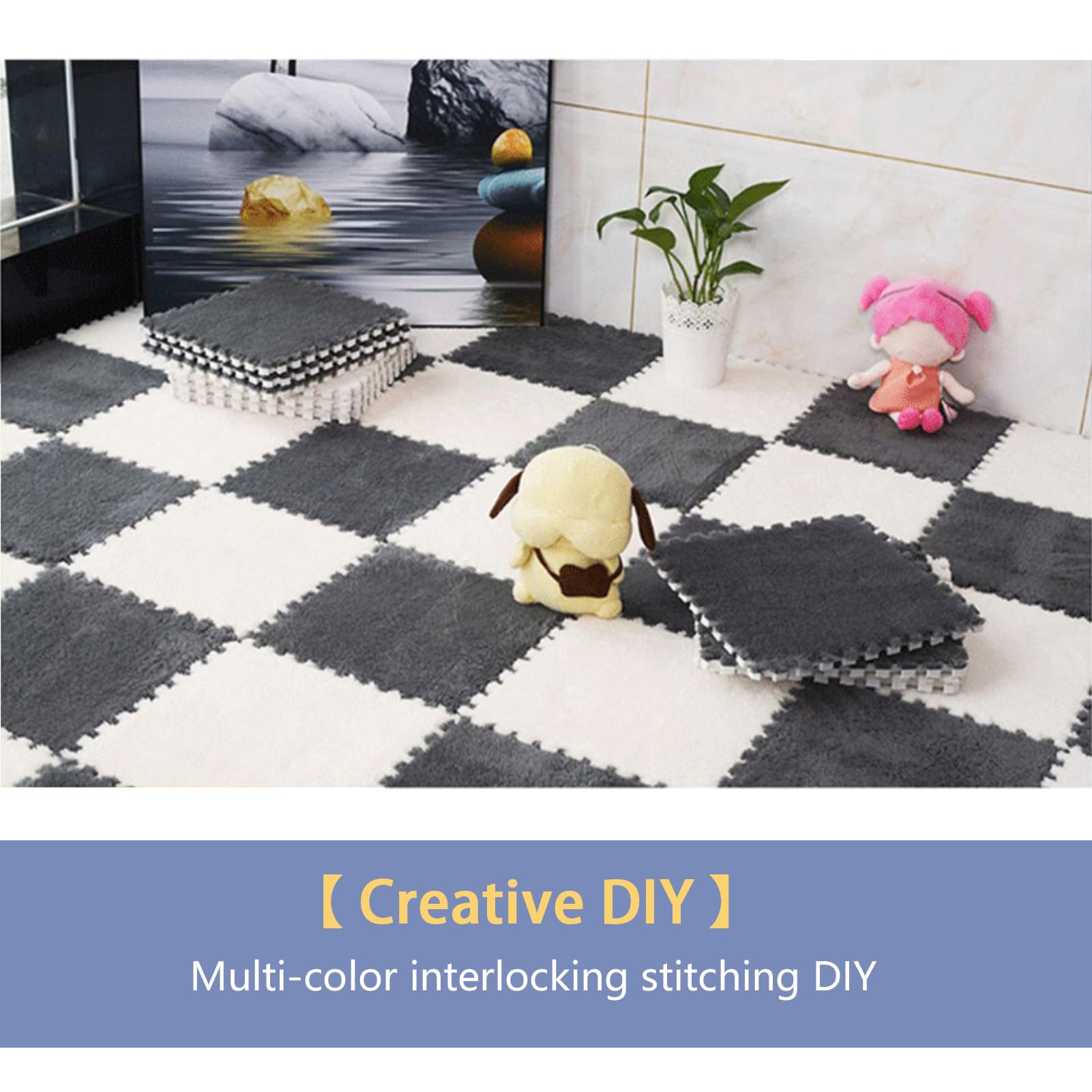 Palymats Tapis en Mousse en Peluche emboîtable 12 pièces, Dalles de Tapis en Mousse, Tapis de Jeu Puzzle 12 "x 12", Tapis Doux for l'exercice, Le Yoga, la Salle de Jeux(White+Light Blue+Gray)