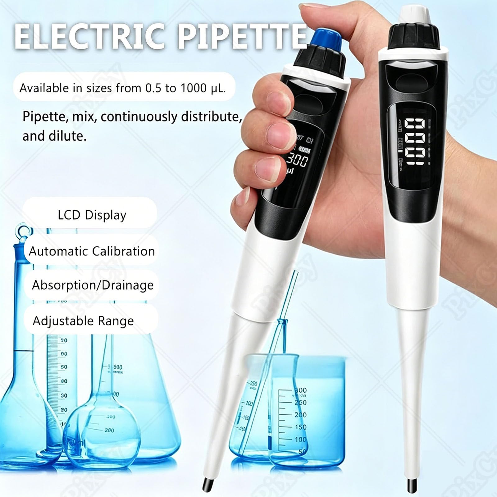 PixCy Controlador de pipeta eléctrica de Laboratorio,pipeta electrónica de 0,5 a 1000 ul de Alta precisión,pipeta monocanal para el hogar,Clases de Ciencias y experimentos de Laboratorio 100to1000µL