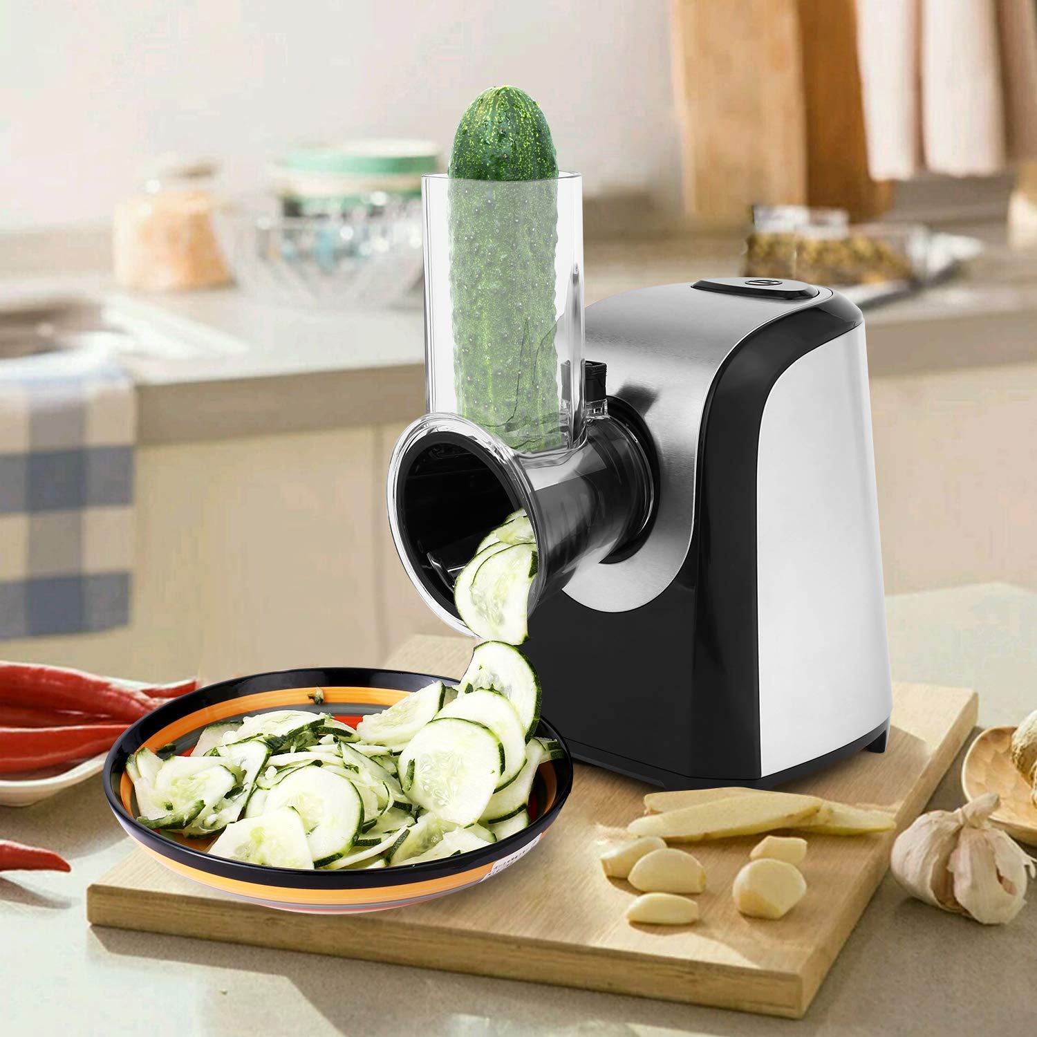 Meykey Rallador Eléctrico Multifunción 5 en 1,Rallador cocina, Cortador de Verdura Eléctrico 150W, Plateado