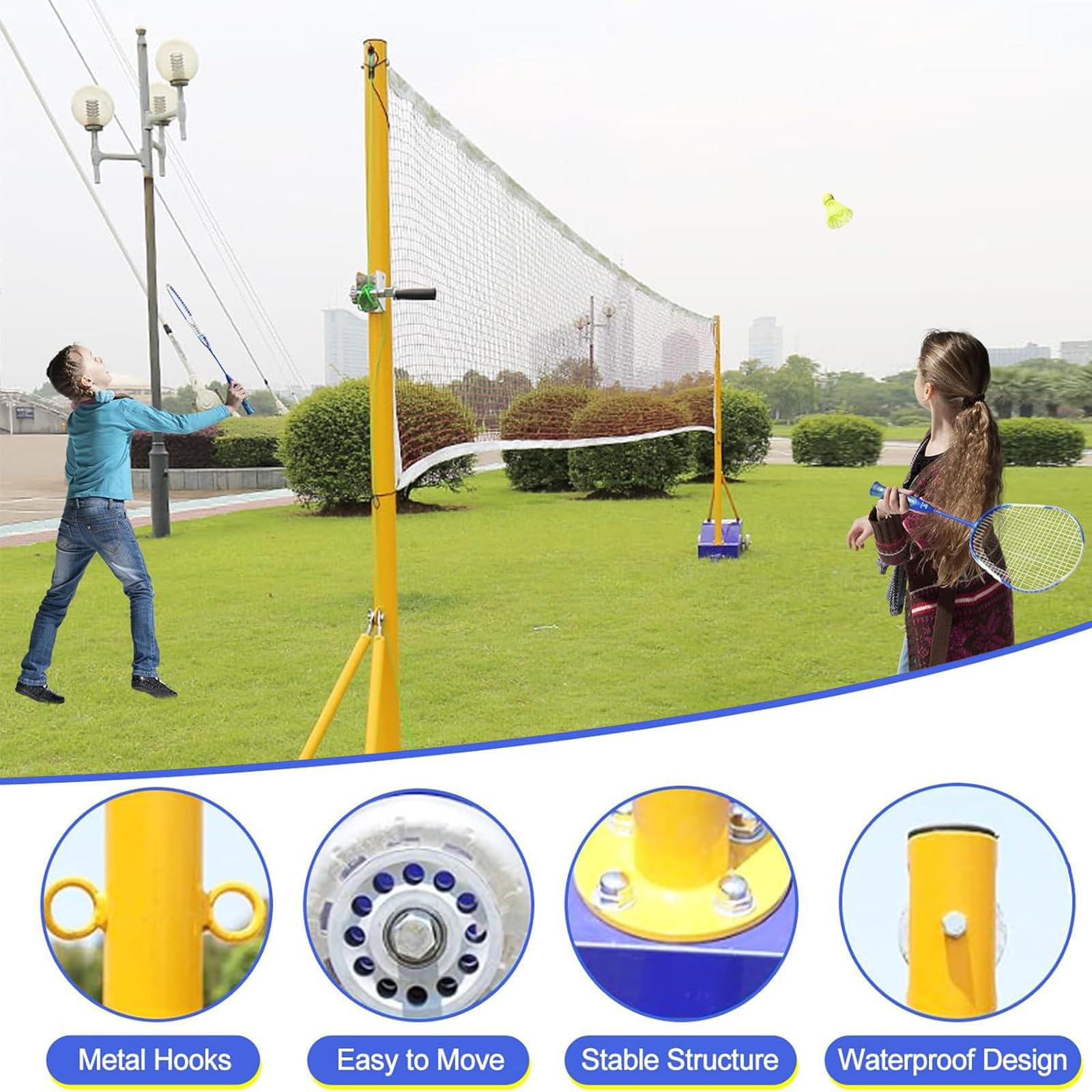 Poteaux de Volley-Ball pour Jardin, avec Filet de Volley-Ball/de Badminton, poteaux de Volley-Ball Robustes pour intérieur et extérieur, hauteurs réglables avec Roues et 2 Filets