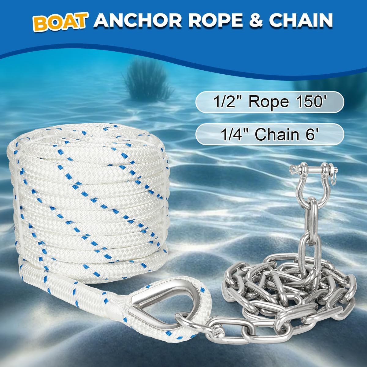 1/2" Boat Anchor Rope 150 FT with 316 Stainless Steel Anchor Chain 1/4" x 6 FT, 5/16" Bow Shackles and 1/2" Thimble, Anchor Rode for Mooring, Boats Pontoon, Deck, Fishing, Sail