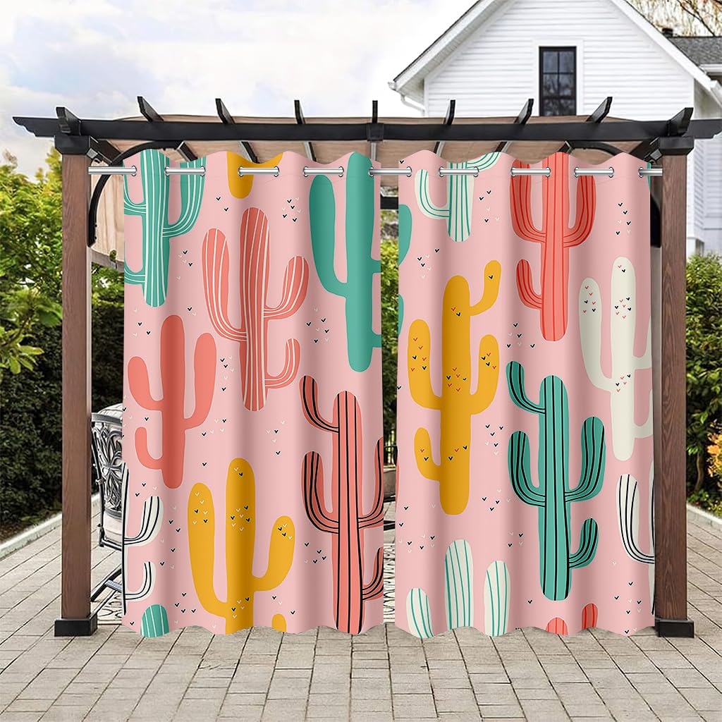 Rideaux D'extérieur Impermeable, 3D Cactus Rideau Terrasse avec Oeillet, Protection Solaire Rideaux pour Pergola, Cabanon Jardin Exterieur, Gazebo (W137x L304cm,Cactus coloré)