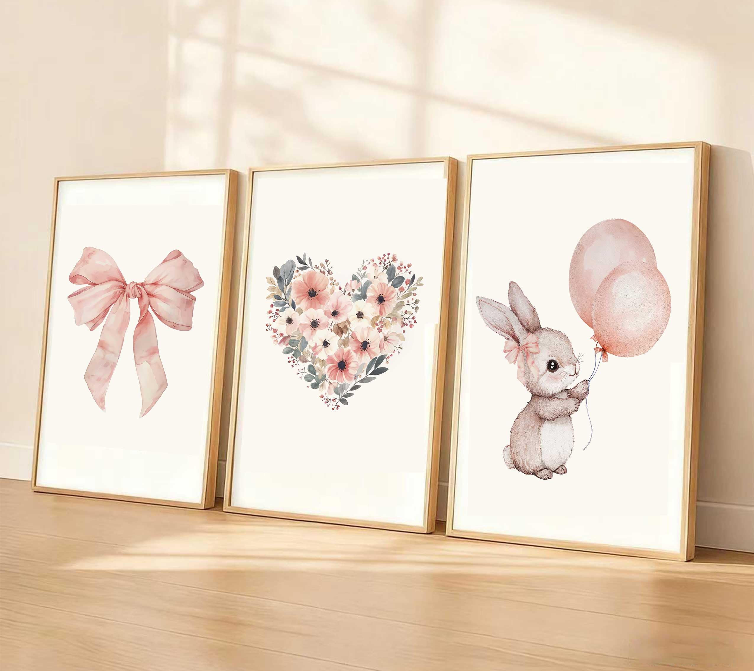 3 Pcs Bunny Wall Art, Cute Wildflower Love Poster Prints, Pink Bow Canvas, 12x16 Unframed, for Girls Baby Nursery Decor