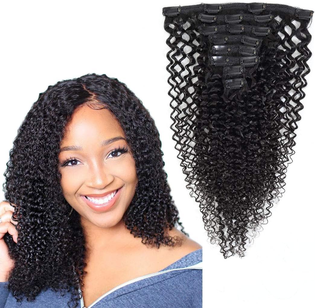 Clip in Hair Extensions Kinky Curly 100% Remy Human Hair 130g Silky Straight Short Thick Real Human Hair Extensions for Black Women（20 Inch，#1B Natural Black）