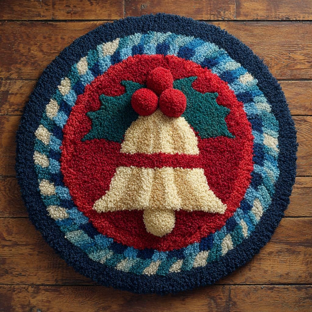 WallustrioaW Round DIY Latch Hook Rug Kits Christmas Bells 50X50Cm Easy for Beginners Round Carpet Crochet Yarn Craft Large Rug Hook and Latch Tapestry for Home Decor