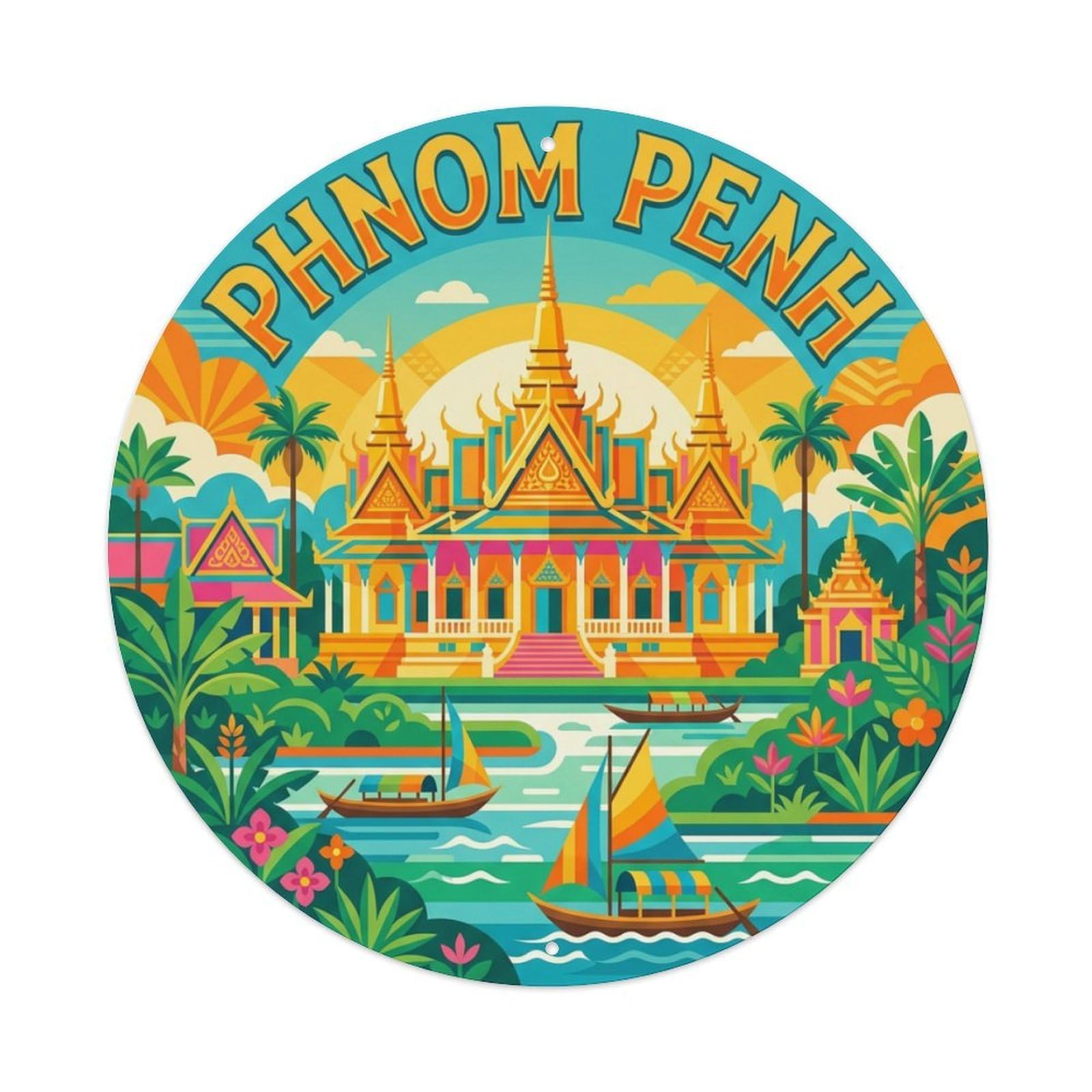 Vintage Travel Cambodia Phnom Penh Vintage Metal Tin Sign Plaque Wall Decor for Cafe, Club Bar, Office, Garden Metal Poster 8x8Inch