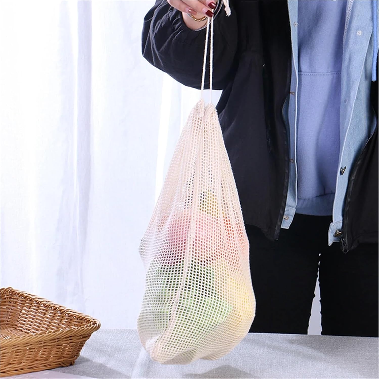 Mesh Produce Bags 12 Pcs Reusable Cotton Mesh Produce Bags For Vegetable Fruit Food Kitchen Washable Grid Storage Bag Organizer Eco String(Large)