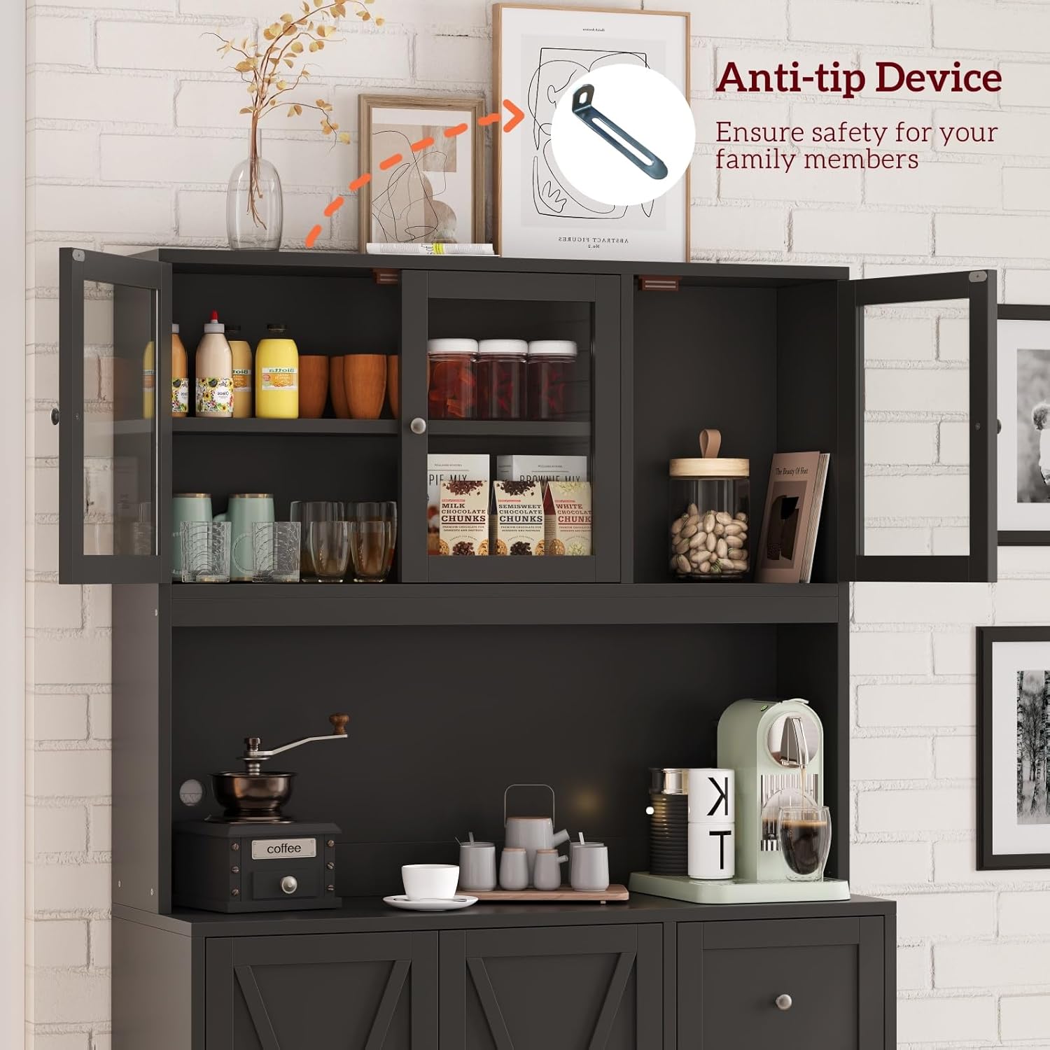 Diagram highlighting various features of the kitchen pantry, including top open storage, glass door cabinets, adjustable shelves, large countertop with charging station, three spacious drawers, and lower cabinet with adjustable shelf.